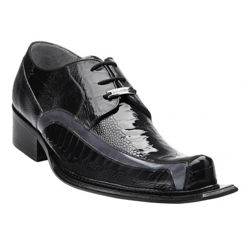 Belvedere "Lorenzo" Black / Grey Genuine Ostrich And Italian Calfskin Oxford Shoes 3409